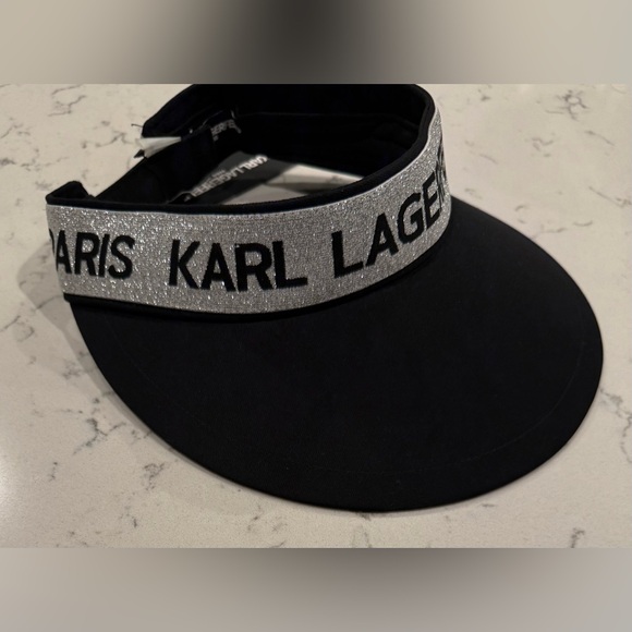 Karl Lagerfeld Women’s Black Silver Logo Sun Visor Hat OS NEW - Picture 2 of 4